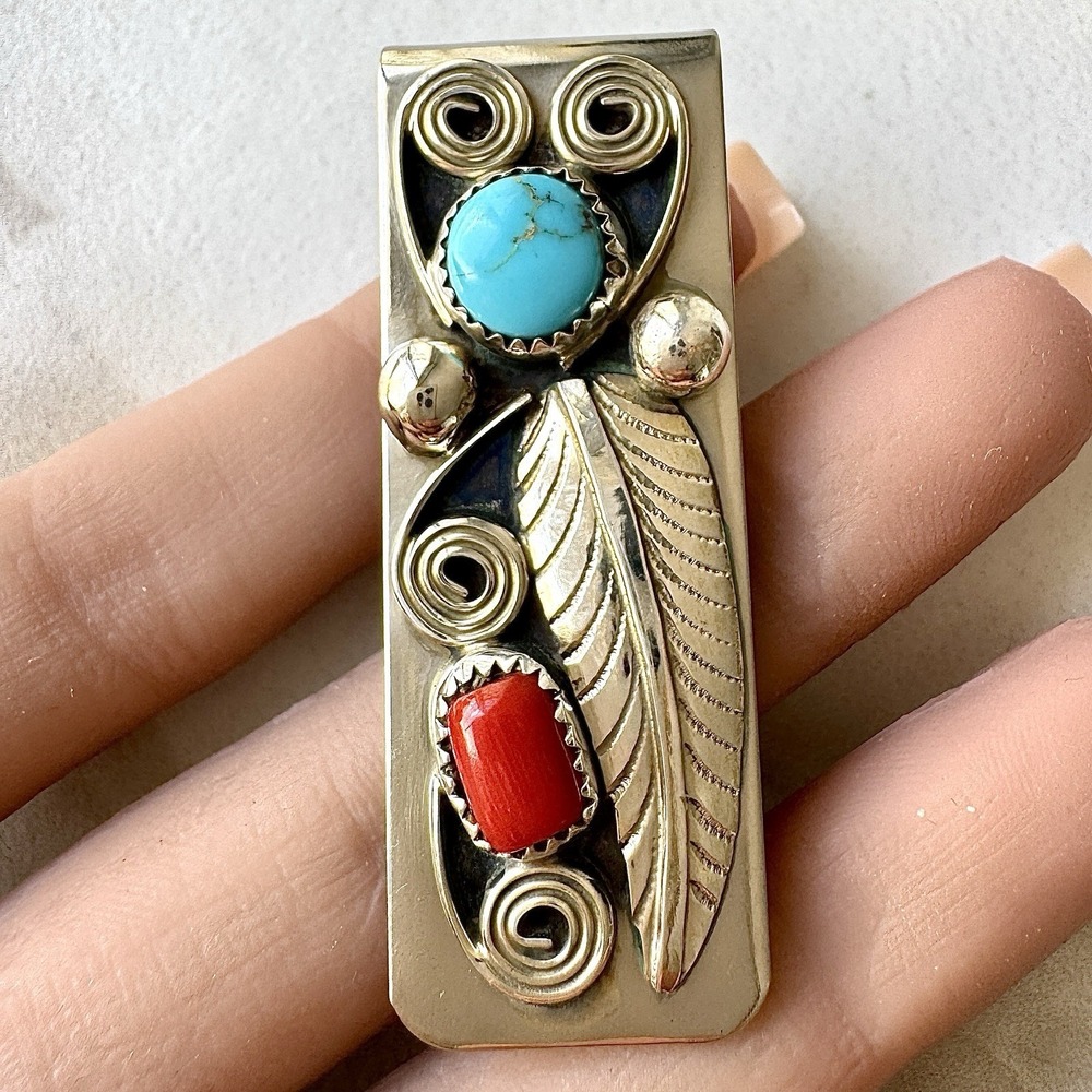 Navajo Natural‎ Turquoise Coral Money Clip Silver 2in Mens Gift Handmade Arviso